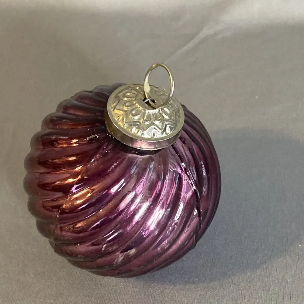 Kugel Inspired Blown Glass Ball Ornament Purple Ribbed Swirl Christmas Decor